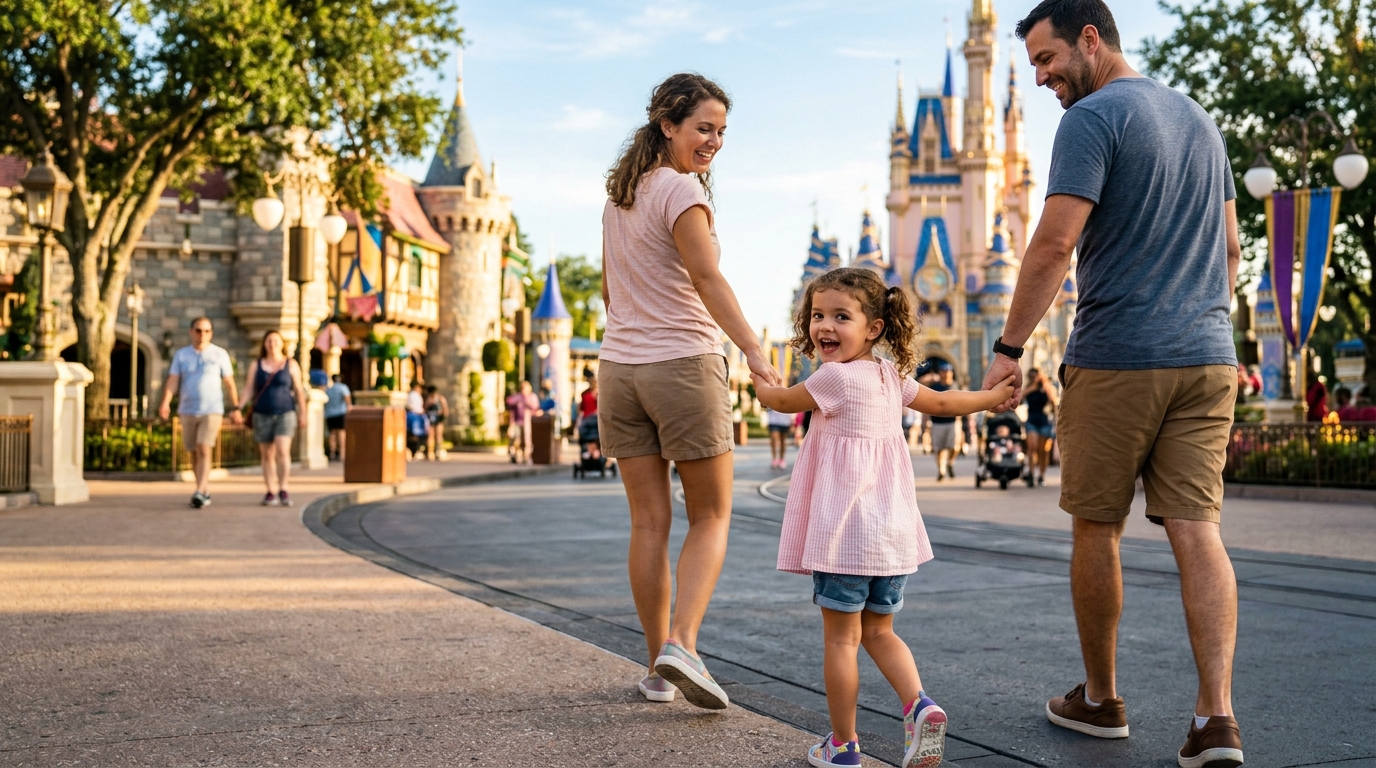 Família feliz com criança pequena passeando em um parque temático nos Estados Unidos