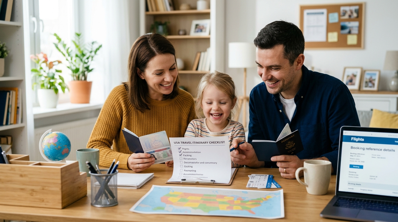 Pais e filha organizando documentos e passaportes para o visto americano com tranquilidade