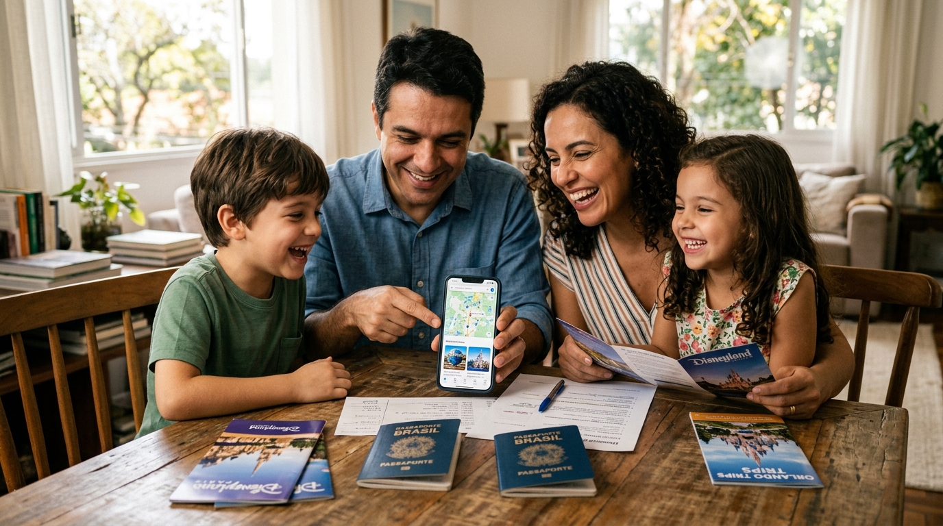 Família planejando viagem para os Estados Unidos com as crianças
